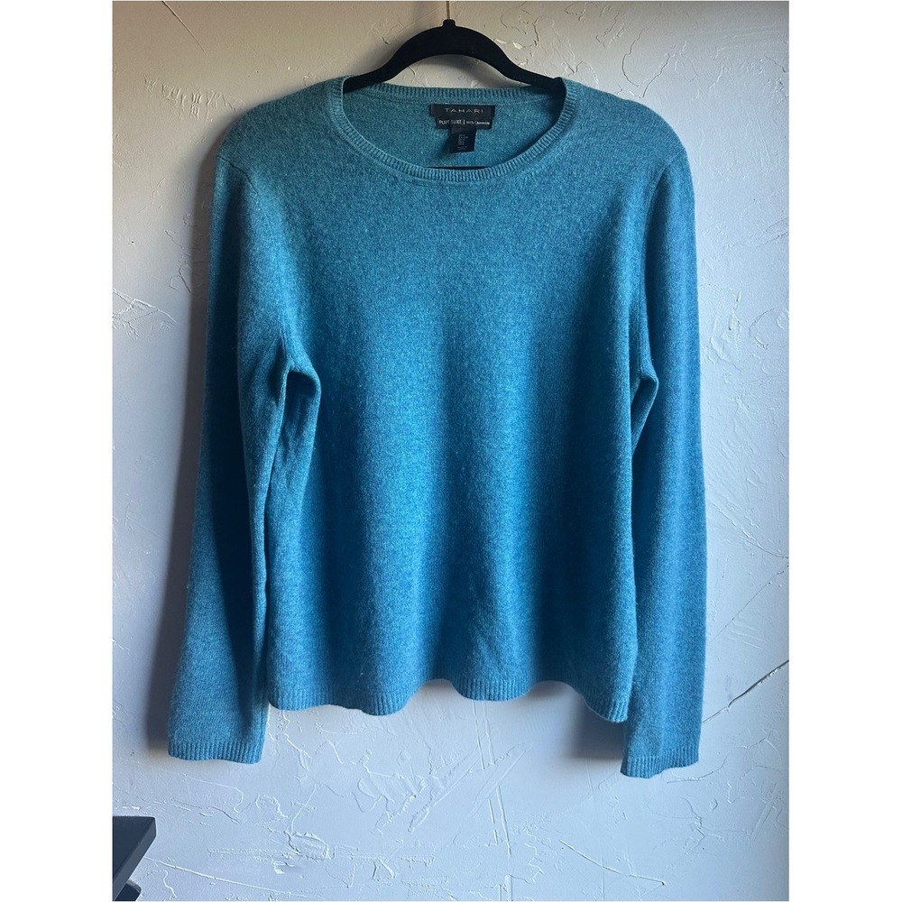 Tahari 100% Cashmere Teal Crewneck Sweater Women's L Quiet Luxury Elevated Basic